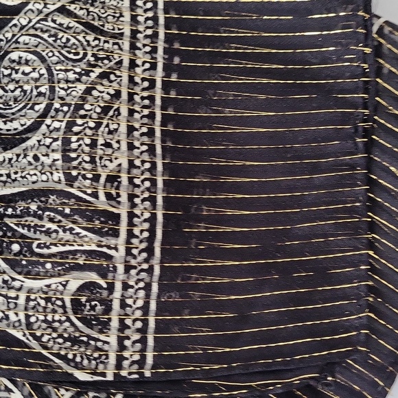 ECHO Paisley Silk Scarf Black White & Gold metallic pin stripe 16”x 59” - Picture 4 of 7